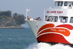 Red and White Ferry in front of Angel Island